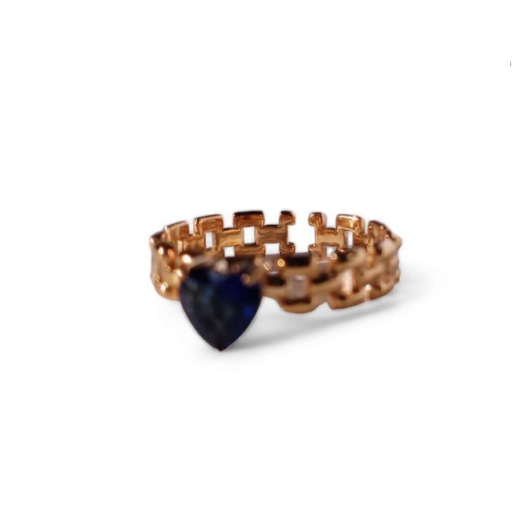 Anillo ajustable dorado con corazón de cristal azul