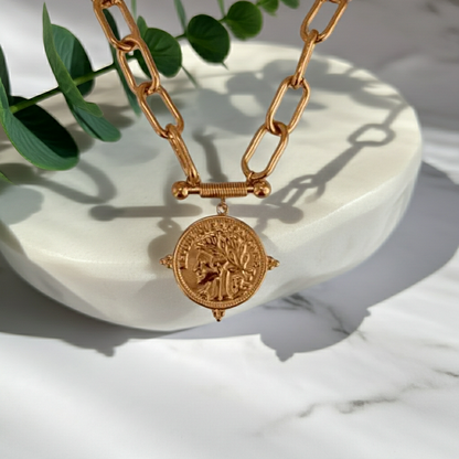 Collar Acero inoxidable Eslabon colgante Moneda Antigua