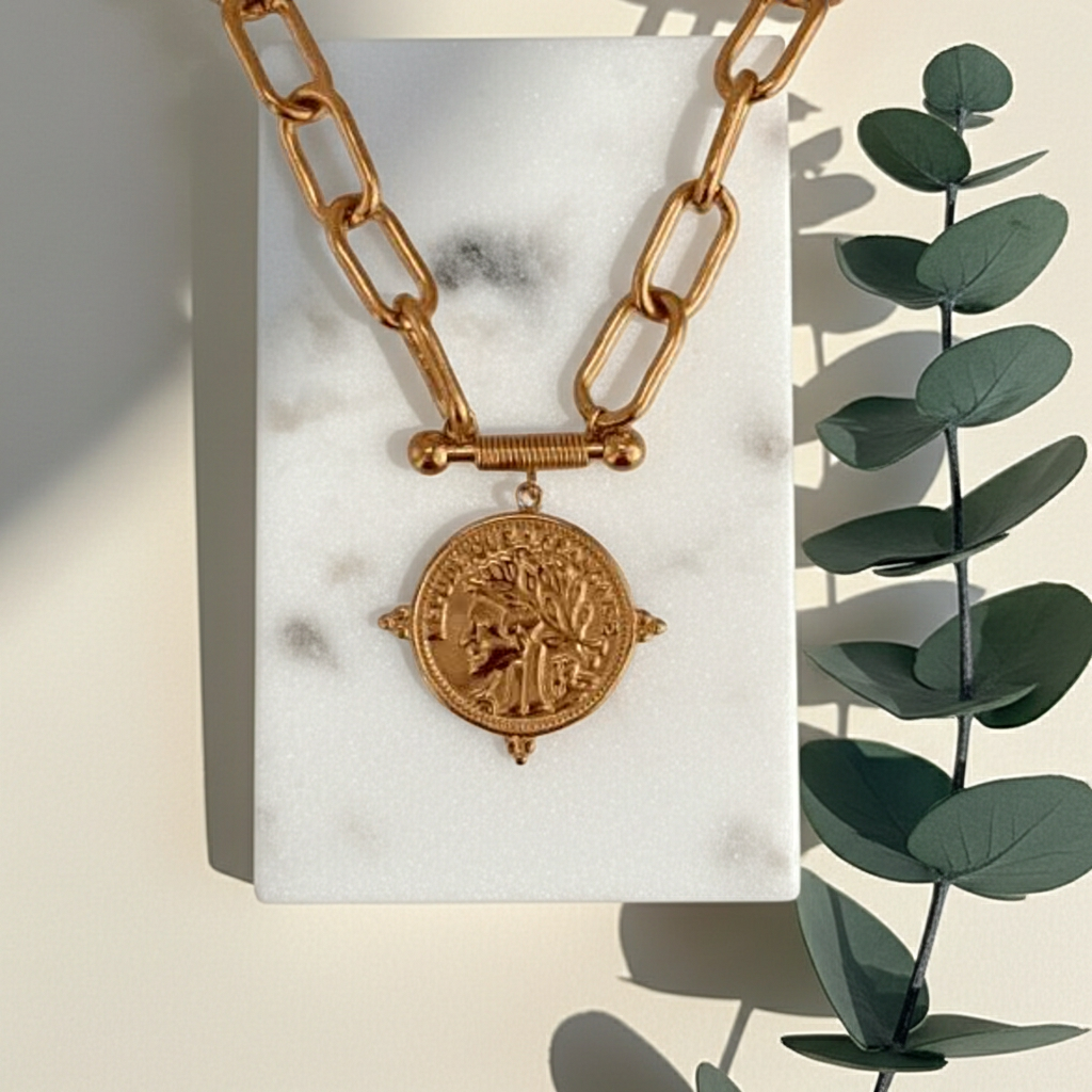 Collar Acero inoxidable Eslabón colgante Moneda Romana 