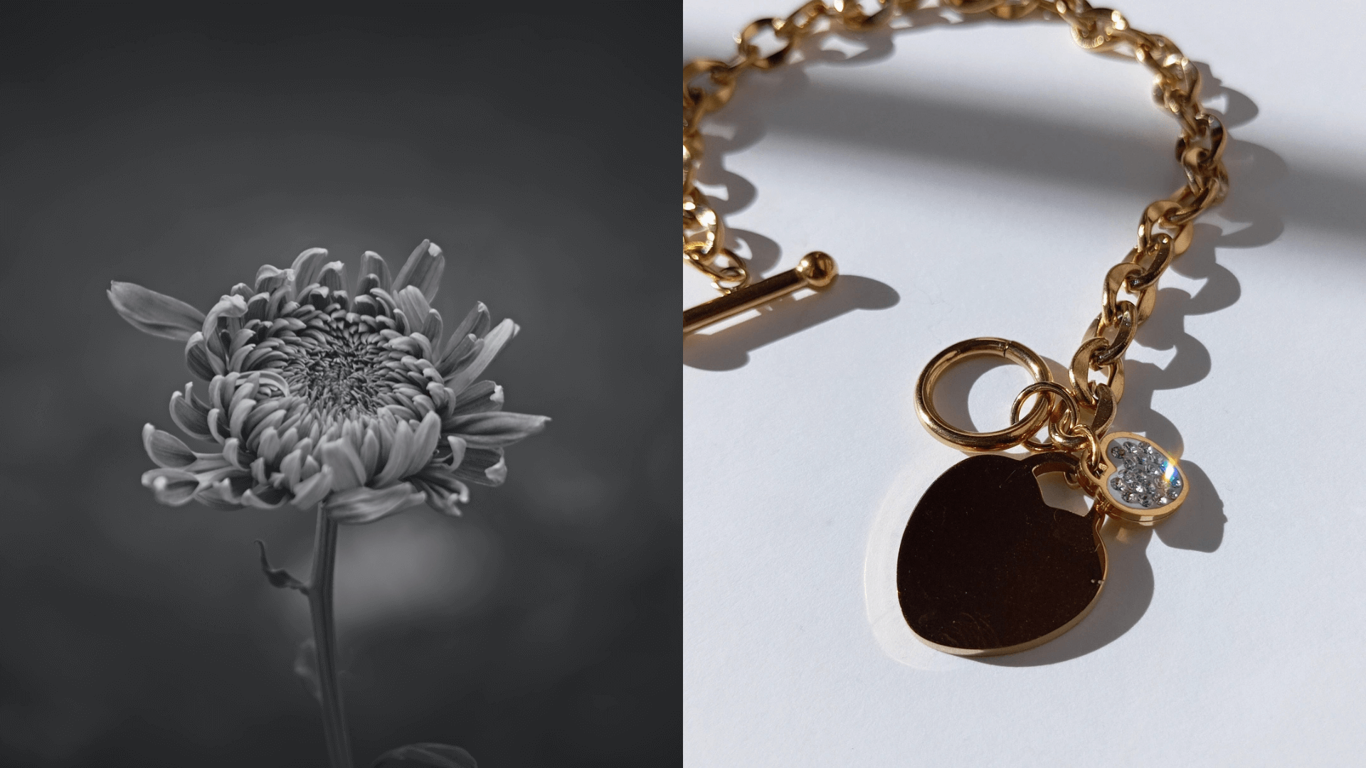 Imagen dividida flor y joya de joyería de acero inoxidable love