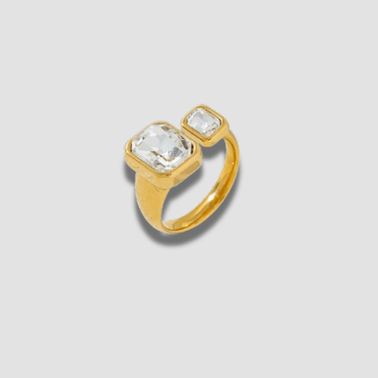 Exclusivo Anillo Abierto Doble Cristal en Acero Acero Inoxidable 304 y Baño de Oro Autentico. Cristales de Circón Cuadrados hhedderich joyeria España-2
